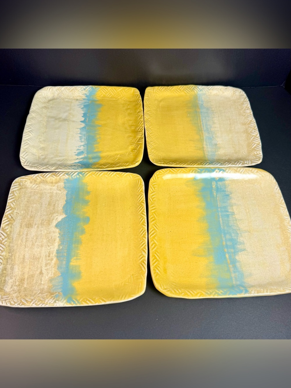 4 Hand crafted Studio Square Plates Yellow, Cream & Blue Salad Dessert Plates